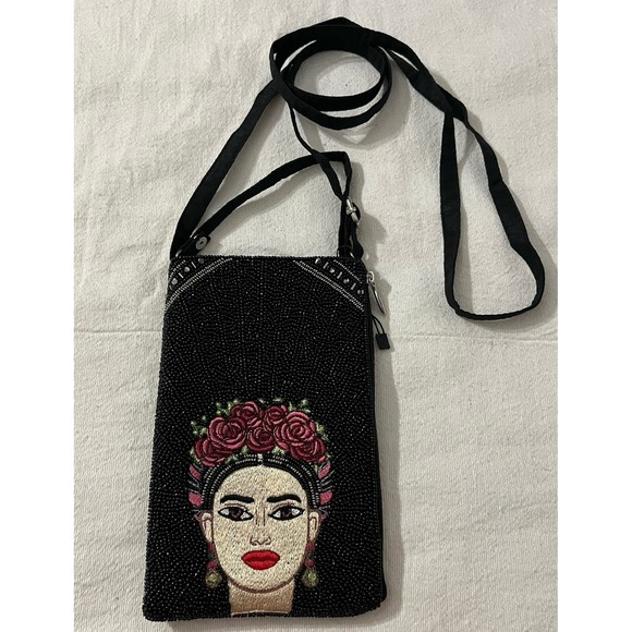 Club Bag Handbags - Frida Kahlo Purse Shoulder Crossbody Hand Beaded Bamboo Trading Club Bag 8"x5"